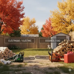 A detailed guide for winter chainsaw care, showing winter-grade bar oil and air filter cleaning with bilingual English and French instructions.