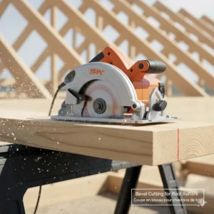 Diagram showing a circular saw adjusted to a 45-degree angle for cutting roof rafters, essential for Canadian home framing.