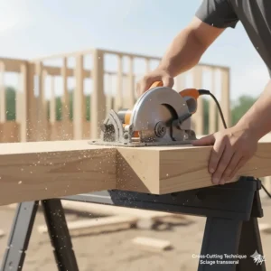Illustration of a circular saw for framing performing a precise cross-cut on a wooden joist, showcasing proper hand placement and safety.