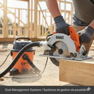 Illustration of a modern circular saw for framing featuring a dust extraction port connected to a vacuum for a cleaner Canadian job site.
