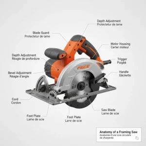 Instructional diagram of a circular saw for framing with bilingual labels in English and French for the Canadian market, identifying the blade guard and depth adjustment.