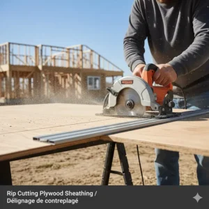 A circular saw for framing being used with a rip fence to cut a straight line through a sheet of plywood for subflooring.