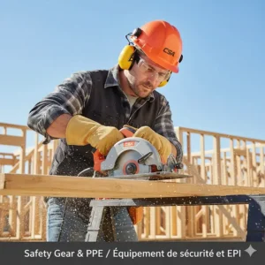 Illustration of a worker using a circular saw for framing while wearing CSA-approved safety glasses, hearing protection, and work gloves.