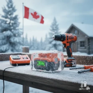 Graphic showing a cordless drill combo kit battery's durability in cold Canadian winter temperatures.