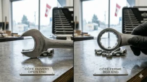 7. Detailed view of a standard combination wrench highlighting the open end and the stationary box end.