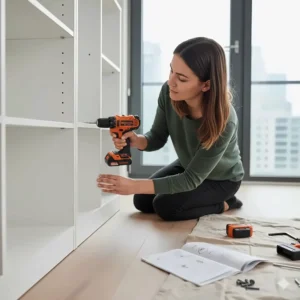 Using a lightweight compact drill for tight spaces to assemble flat-pack furniture in a modern condo.