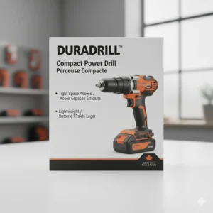 Product illustration of a compact drill for tight spaces with bilingual English and French Canadian labeling.