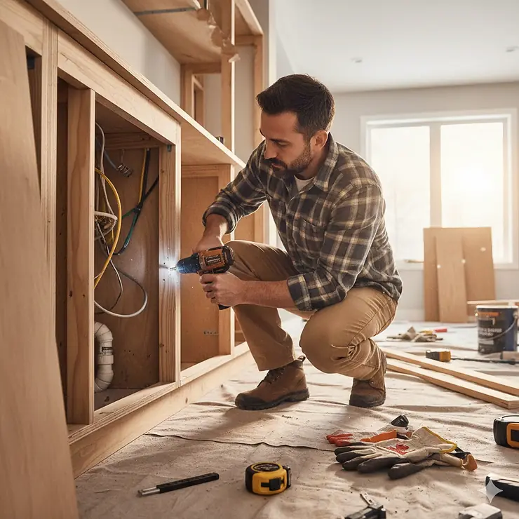 A professional contractor using a compact drill for tight spaces to install cabinetry in a Canadian home renovation.