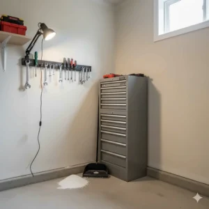 Slim-profile tool cabinet and magnetic strip for hand tools, optimizing a small corner of a suburban Canadian garage.