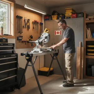 Space-saving portable miter saw stand combo used in a small Canadian garage workshop.
