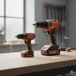 Comparison showing a compact drill for tight spaces versus a standard drill with measurements in inches and millimeters.