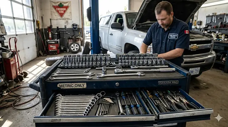 A complete metric tool set organized in a high-end chest within a professional Canadian automotive garage.