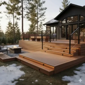 Final illustration of a modern multi-level deck build in Canada, showcasing the clean finish of impact-driven fasteners.
