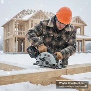 A rugged, battery-operated circular saw for framing being used in snowy Canadian winter conditions, highlighting cold-weather battery reliability.