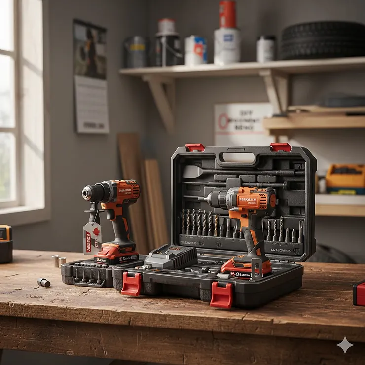 A comprehensive cordless drill combo kit displayed on a wooden workbench in a Canadian home garage.