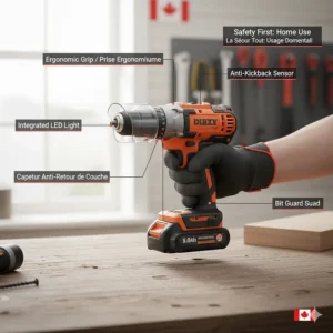 Diagram highlighting the ergonomic grip and safety features of a cordless drill combo kit for home use.