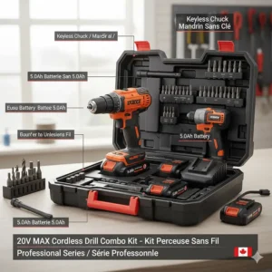 A detailed breakdown of tools included in a high-quality cordless drill combo kit, featuring bilingual labels.