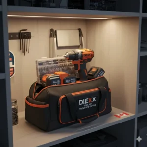 A compact carrying bag holding a full cordless drill combo kit, ideal for small Canadian condos or workshops.
