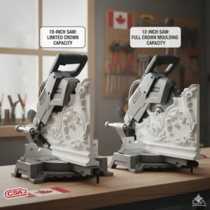 Comparison of how a 12-inch miter saw handles large crown moulding nested against the fence versus a 10-inch saw.