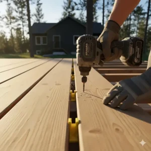 Top-down view showing an impact driver for deck building used alongside spacers for uniform 1/8-inch gaps.