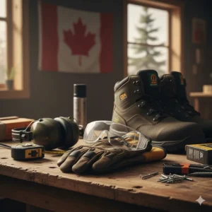 Illustration of essential deck-building safety gear including gloves, eye protection, and CSA-approved footwear.