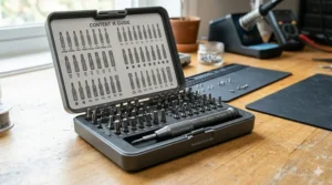 Comprehensive screwdriver set for electronics featuring torx, pentalobe, and philips bits for laptop repair.