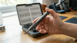 Non-slip ergonomic handle of a precision screwdriver set designed for comfort during long electronics projects.