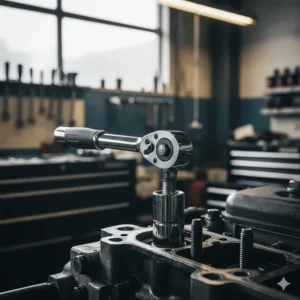 An ergonomic 72-tooth ratchet from a professional socket set for mechanics, ideal for tight engine bays.
