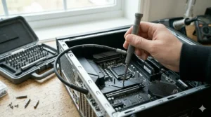 Flexible extension rod included in an electronics screwdriver set to reach difficult angles inside a PC tower.