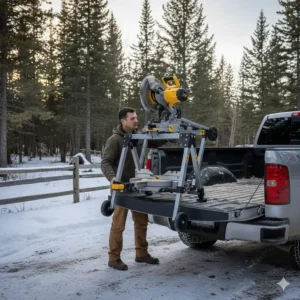 Compact portable miter saw stand combo folded for easy transport in a pickup truck bed.
