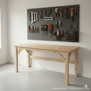 A wall-mounted folding workbench and pegboard organizer to maximize floor space in a compact garage.