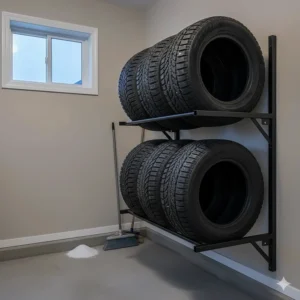 Wall-mounted tire storage rack keeping a set of winter tires off the ground in a clean, small Canadian garage.