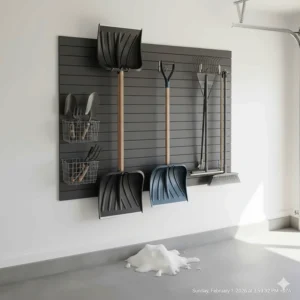 Vertical tool organizer for snow shovels and gardening equipment, a practical storage idea for small garages.