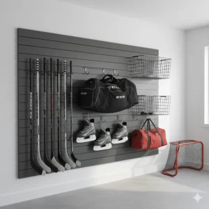 Custom small garage storage ideas for hockey sticks, skates, and bags using vertical slatwalls.