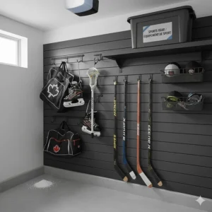 Custom wall organizer for Canadian sports essentials including hockey bags, sticks, skates, and lacrosse gear.