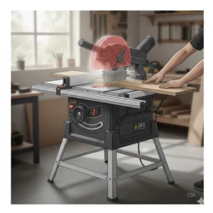 Illustration demonstrating a proper rip cut on a table saw with the fence locked and hands a safe distance from the blade.