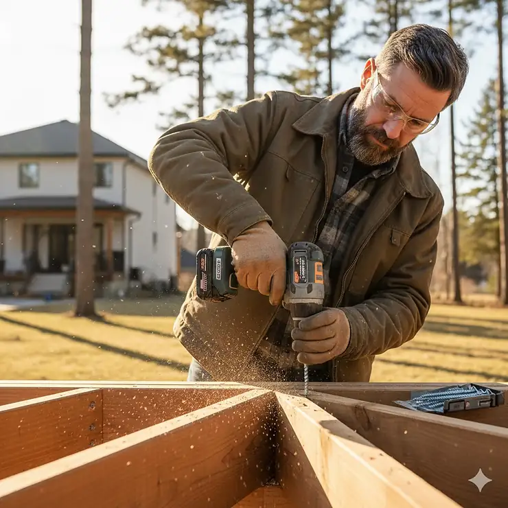 A professional contractor using a high-torque impact driver for deck building on a cedar wood frame in a Canadian backyard.