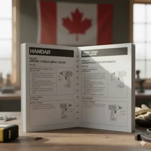Graphic of a tool manual highlighting bilingual English and French instructions for the Canadian market.
