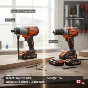 Comparison illustration between a drill and an impact driver from a 2-tool cordless drill combo kit.