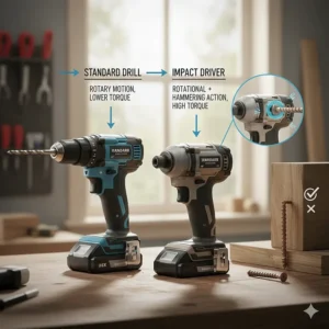 Diagram comparing a standard drill and an impact driver for deck building, highlighting torque differences for long screws.