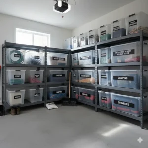 Clear storage bins with bilingual English and French labels (Outils/Tools) stacked on sturdy shelving in a small garage.