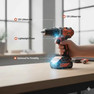 Illustration of a 12V lithium-ion battery powering a compact drill designed for portability in small workspaces.