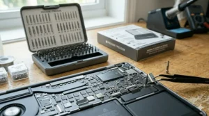 Using a specialized electronics screwdriver set to upgrade RAM in a laptop, perfect for Canadian DIY enthusiasts.