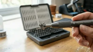 Close-up of a magnetic bit from an electronics screwdriver set holding a small screw for a smartphone repair.