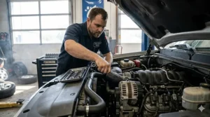 Mechanic using a wrench from a complete metric tool set to repair a vehicle in a snowy Canadian climate.