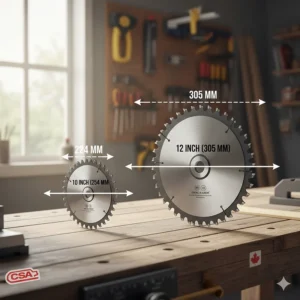 Technical drawing comparing 10-inch (254mm) and 12-inch (305mm) miter saw blade diameters for Canadian woodworkers.