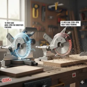 Graphic explaining higher RPM on 10-inch blades for smoother finishing vs higher torque on 12-inch blades for framing.