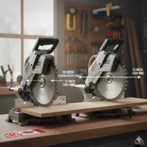 Illustration of horizontal cutting reach on a 2x10 board comparing 10-inch and 12-inch sliding miter saw capabilities.
