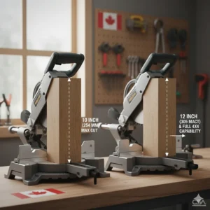 Diagram showing the maximum vertical cutting depth of a 12-inch miter saw vs a 10-inch model on 4x4 dimensional lumber.