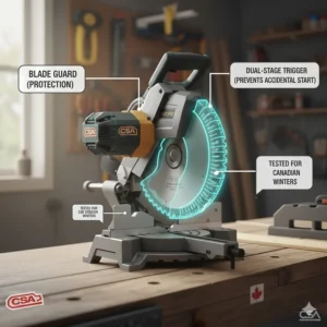 Illustration of essential safety guards and triggers on a miter saw with a "Tested for Canadian Winters" or CSA-standard note.